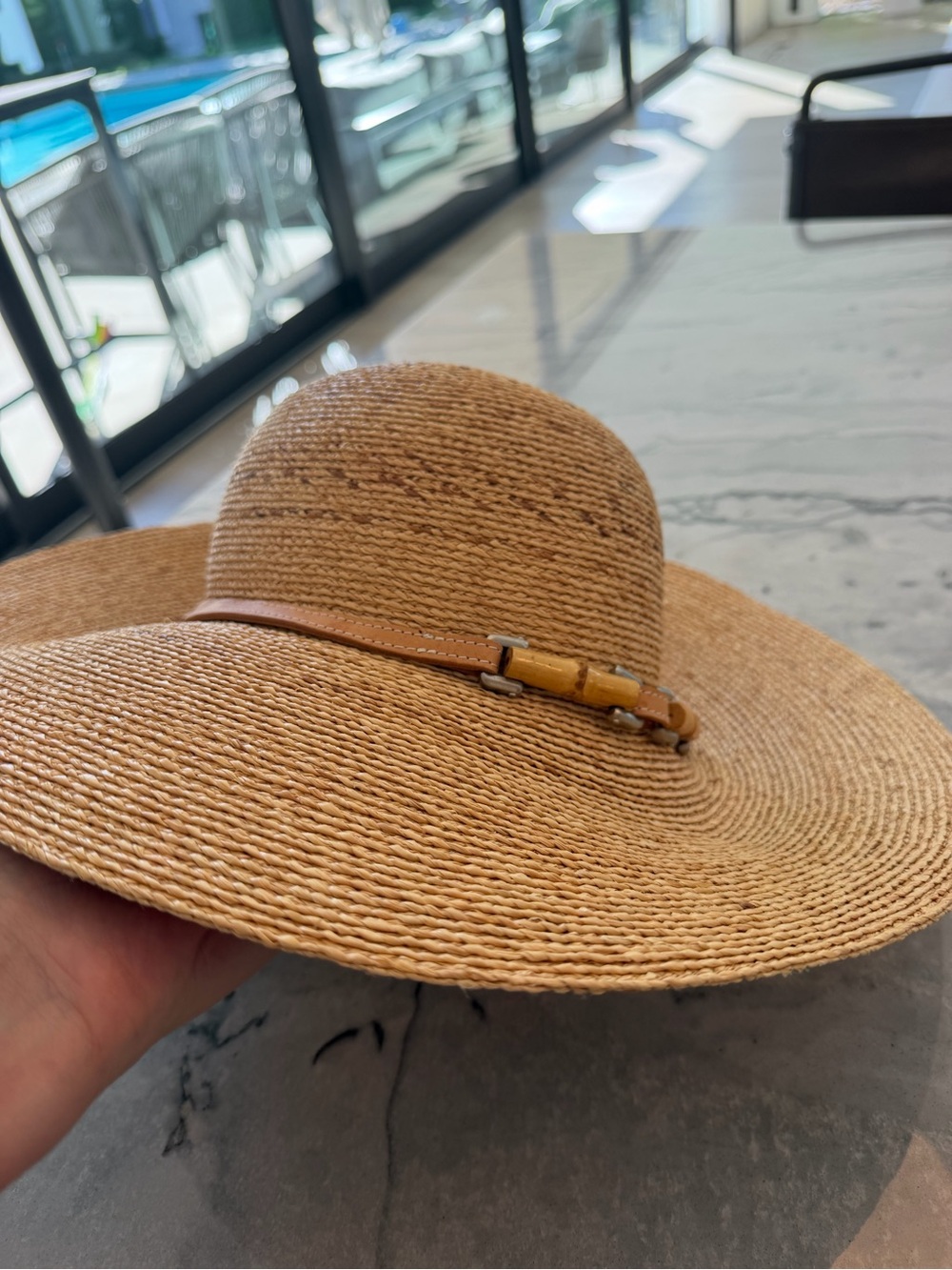 Helen Kaminski Wide Brim Straw Sun Hat in Natural Tan with Leather Trim